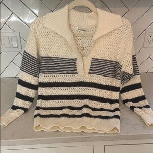 Heartloom Cream & Black Striped Open-Collar Knit Sweater